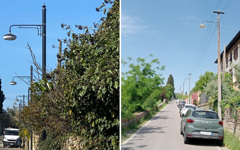 Via Bernardino Poccetti. A sinistra il nuovo impianto d'illuminazione, a destra il vecchio